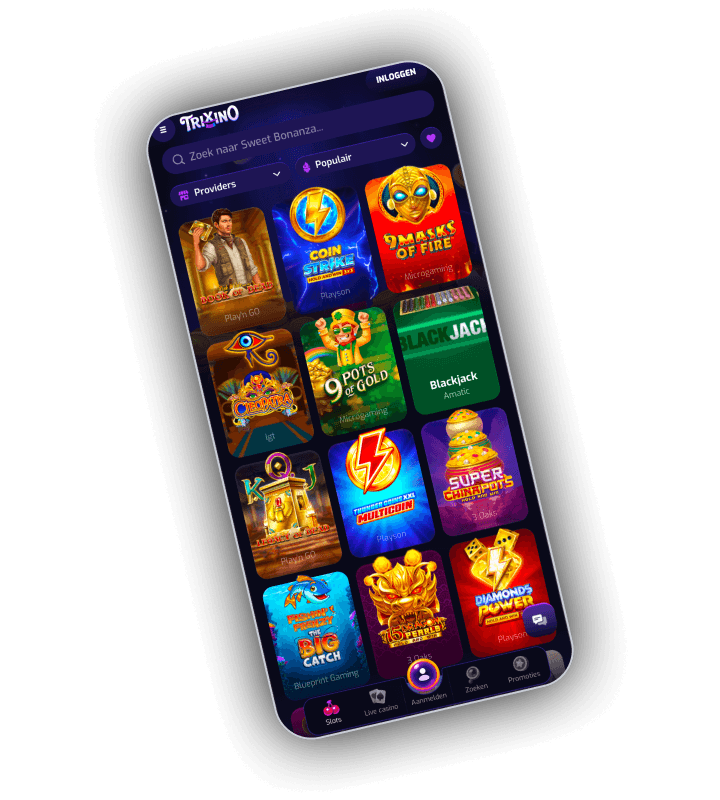 Slotlobby van Trixino op een telefoon met het zoekveld Zoek naar Sweet Bonanza, de filters Providers en Populair en tegels voor Book of Dead, Coin Strike, 9 Masks of Fire, Cleopatra, 9 Pots of Gold, Blackjack, Legacy of Dead, Thunder Coins XXL Multicoin, Super China Pots, Fishin Frenzy The Big Catch, 15 Dragon Pearls en Diamonds Power