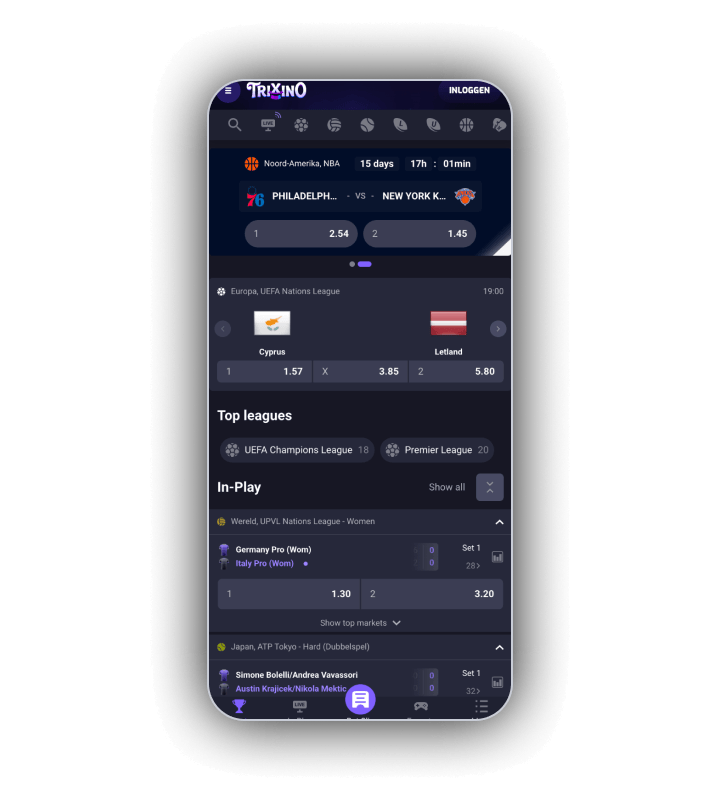 Sportboek van Trixino op een telefoon met een balk sportpictogrammen, een uitgelichte NBA wedstrijd Philadelphia tegen New York met quoteringen 2.54 en 1.45, de UEFA Nations League wedstrijd Cyprus tegen Letland met 1.57, 3.85 en 5.80, de blokken Top leagues en In-Play met tennis en volleybal